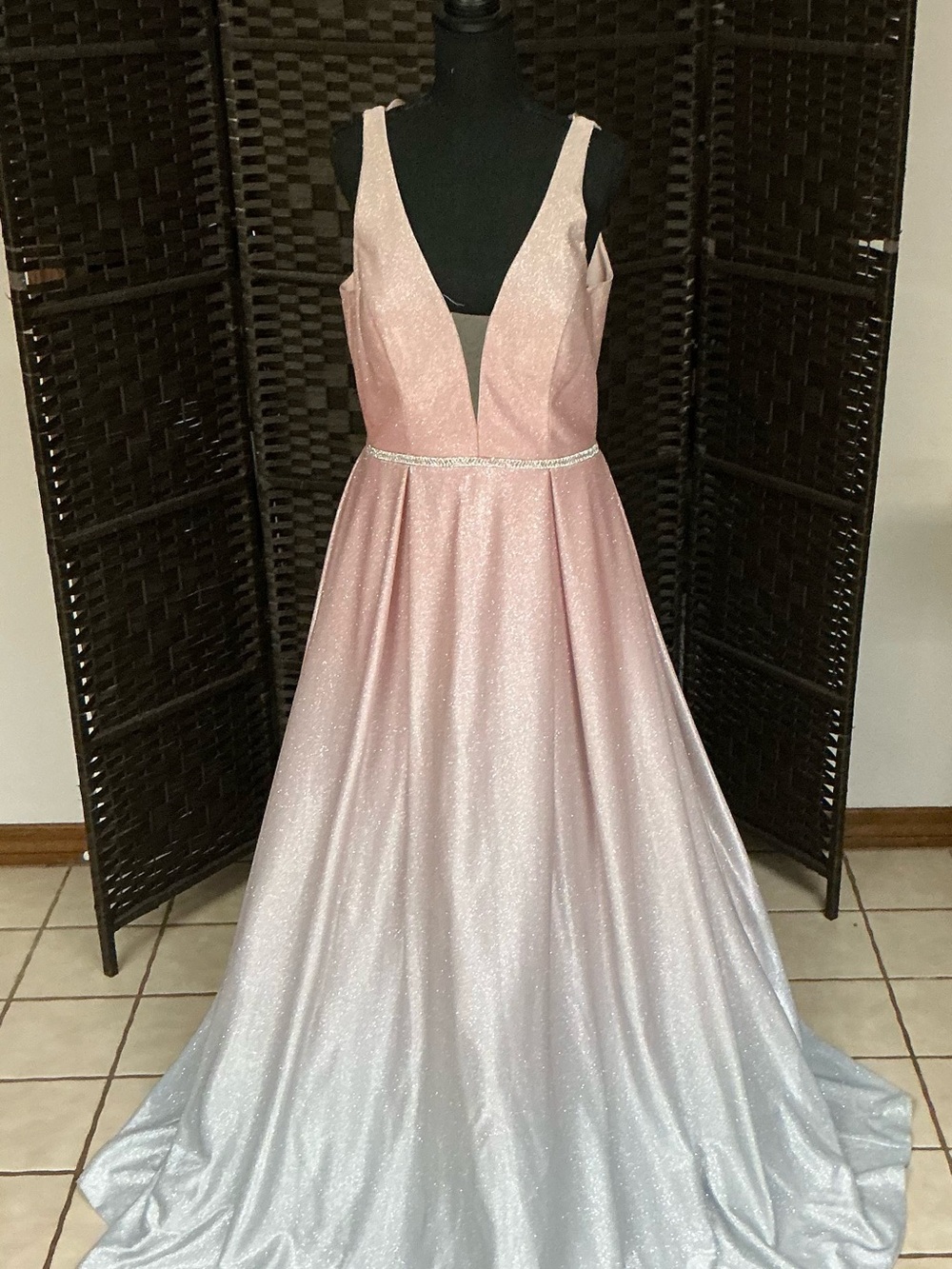 Glitter Ombre Pink to Silver V-Neck A-Line Prom Dress